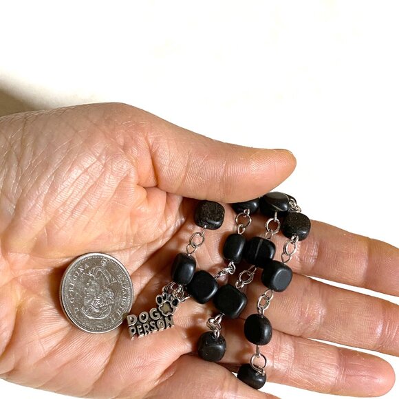 Genuine Black Agate Cube Necklace, Cute Dog Person Paw Print Pendant + Gemstone - Picture 9 of 9